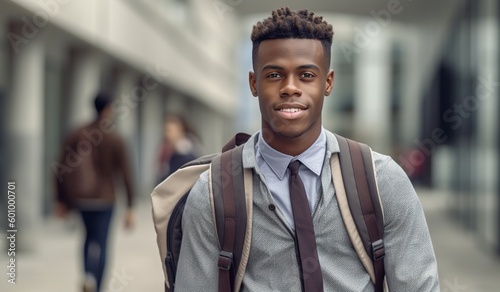 young african american man is wearing a backpack and smiling in the street