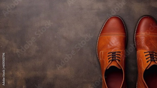 Close up of pair of brown leather mens shoes, copy paste background. AI generated