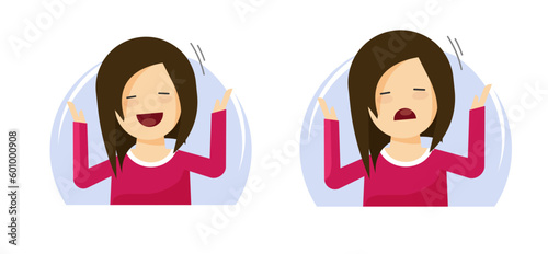 Bored sad girl vector icon and happy smiling woman flat graphic illustration, tired depressed mood female person, annoyed tedious unhappy face expression child kid, negative positive emotion image