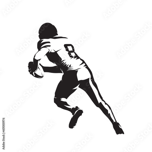 Football player running with ball, isolated vector silhouette, ink drawing