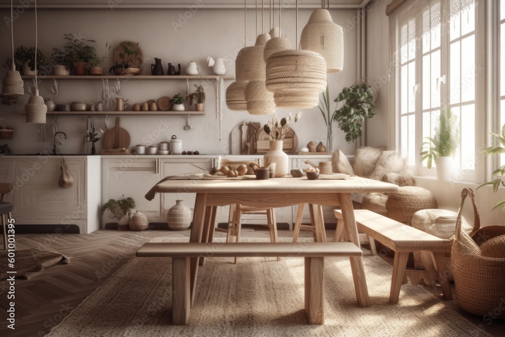 Cozy boho style kitchen with wooden furniture, wicker decor elements, natural materials, eco space Generative AI