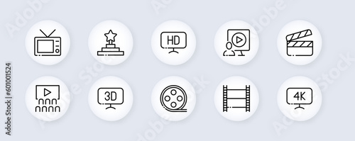 Movie. Neomorphism, black, cinema paraphernalia. Vector icons.