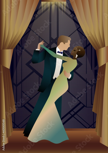 man and woman dancing against wallpaper and curtains, party, art deco, couple dressed in retro style
