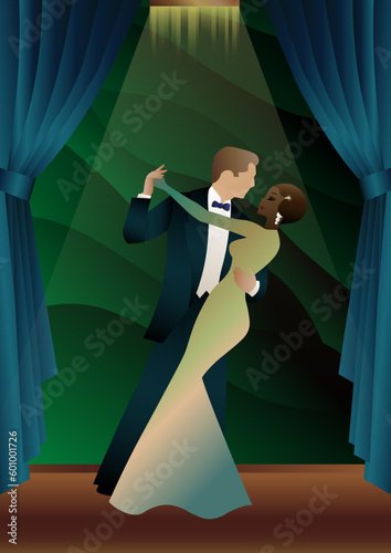 man and woman dancing against wallpaper and curtains, party, art deco, couple dressed in retro style