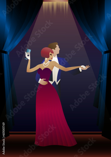 man and woman dancing against wallpaper and curtains, party, art deco, couple dressed in retro style