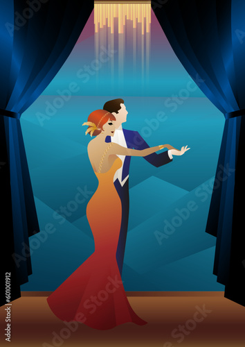 man and woman dancing against wallpaper and curtains, party, art deco, couple dressed in retro style