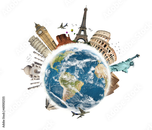 Wallpaper Mural Isolated famous landmarks of the world surrounding planet Earth. Travel over the world concept. Paris, London, New York, Roma, India, France, Europe, Usa Torontodigital.ca