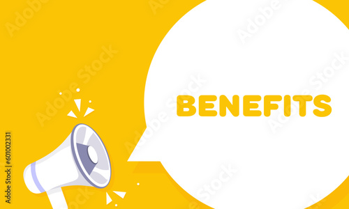 Benefits. Flat, yellow, benefit banner. Vector illustration.