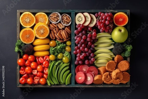 Assorted healthy food with fruit and vegetable in two trays on dark background  Generative AI