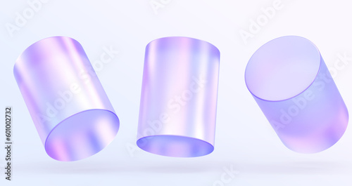 Holographic glass cylinder in different angle view, icons set 3d render. Iridescent geometric shapes with gradient texture, crystal objects, graphic elements isolated on background. 3D illustration