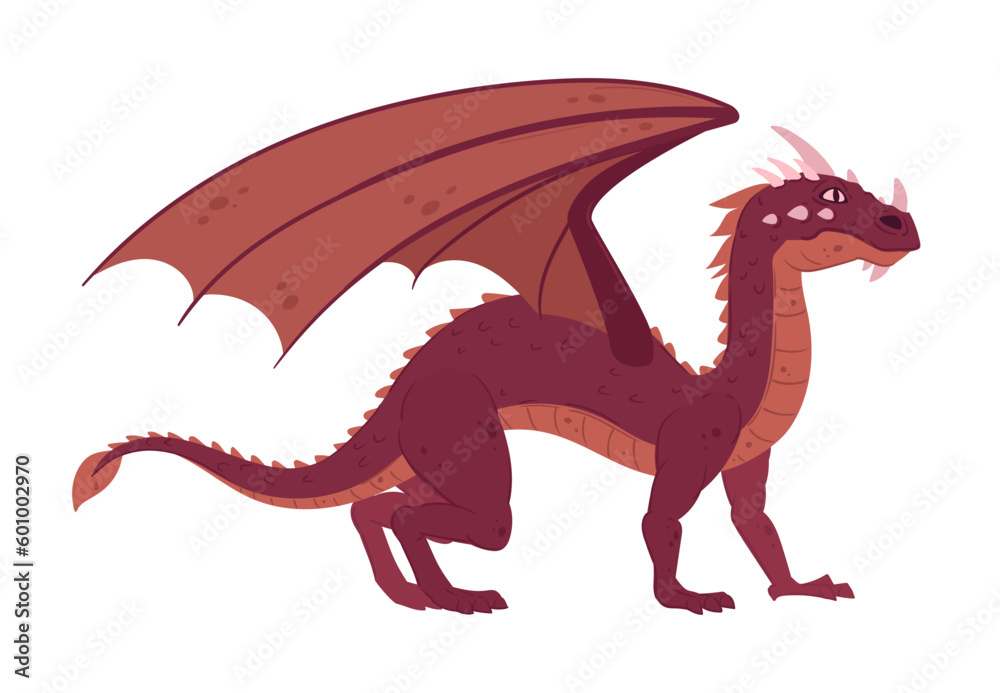 Fototapeta premium Cartoon dragon. Fantasy reptile, standing winged magic dragon. Fairy fire breathing dragon flat vector illustration