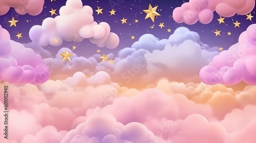 Whimsical dreamy background with gold stars and puffy clouds. Generative ai composite.