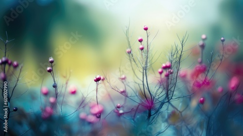 Thin pink flower buds in a field with a soft blur background. Generative ai composite. © E 