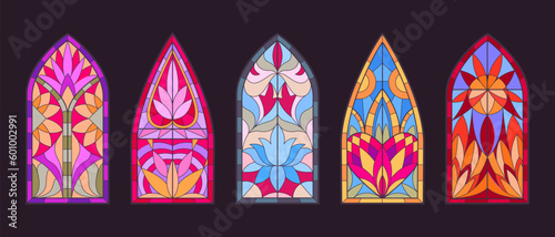 Mosaic stained glass windows. Arched church windows, decorative stained glasses. Cathedral glass windows flat vector illustration set