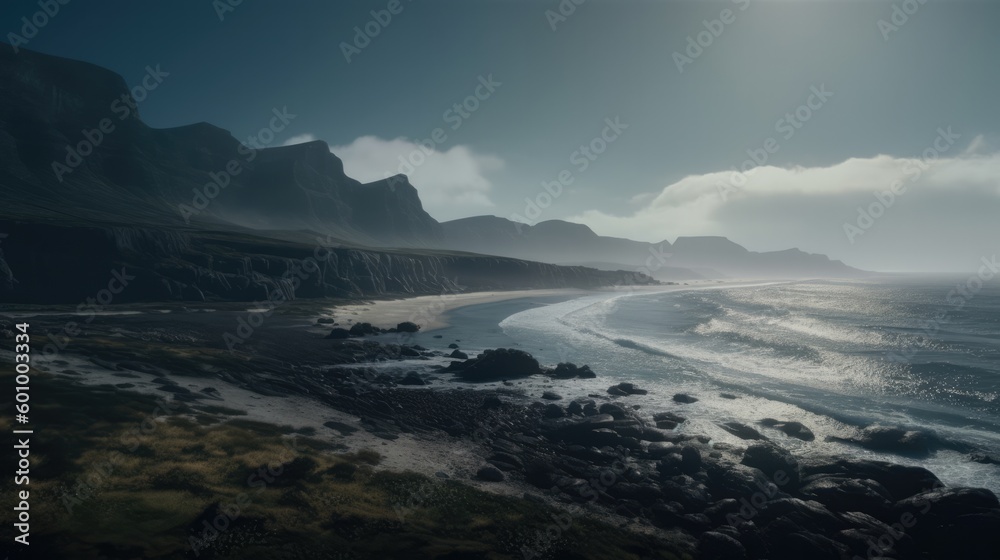 Rocky cliffs towering over an ocean. Generative ai composite.