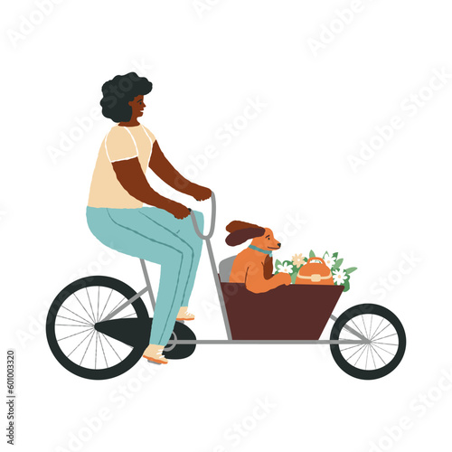 A woman is riding a cargo cycle or bakfiets bike, her cute spaniel dog sitting in the cart, bag, and flower bunch nearby
