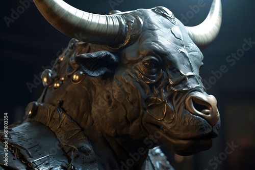 The head of an animal, a horned bull made of bronze, a monument, a statue. AI generated.