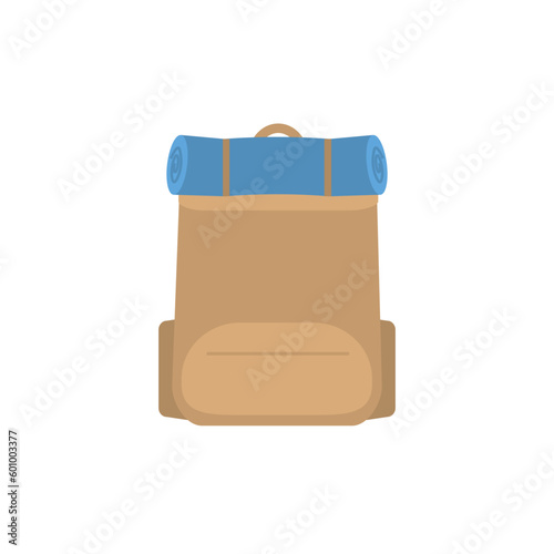 Backpack with sleeping bag isolated on white background. Rucksack with sleeping mat for camping. Flat knapsack for tourism. Cartoon vector illustration of haversack for travelling