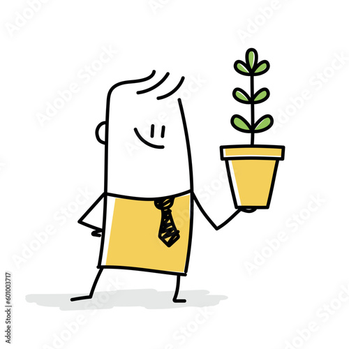 Stick figure, businessman investor hold plants pot.