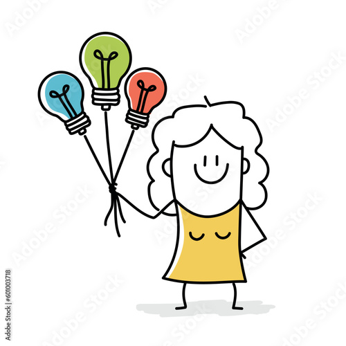 Stick figure, business woman holding lightbulb ideas balloon telling helpful tips.