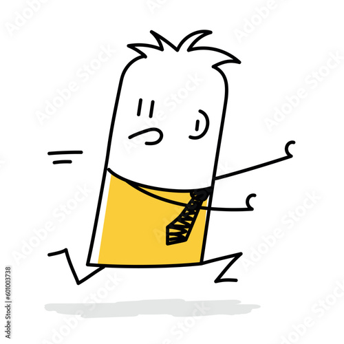 Stick figure, depression concept, fearful businessman runaway.