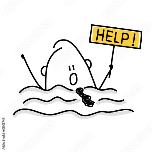 Stick figure, helpless businessman drowning.