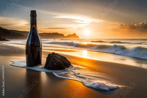 Botella de vino en el mar