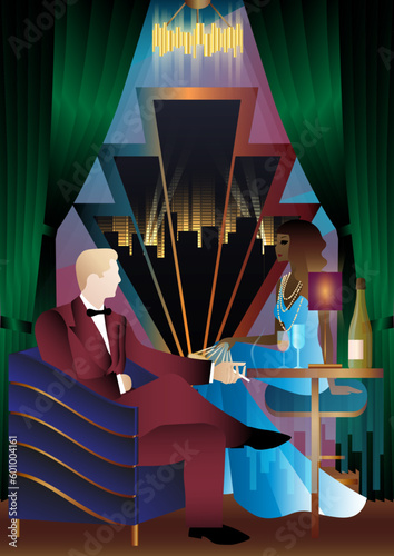 Lady and gentleman in vintage dresses on the background of window. alcohol. Vintage art deco style invitation template design for drink list, bar menu, glamorous event, themed wedding, jazz party