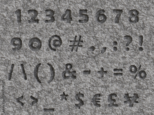 carved stone numbers and symbols, chiseled in rock, characters, digit numbers 3D render