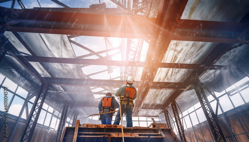 construction worker working at boom lift installation steel roof beam