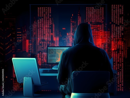 Shady Hacker wearing hoodie using a computer alone in a room created with Generative AI technology photo