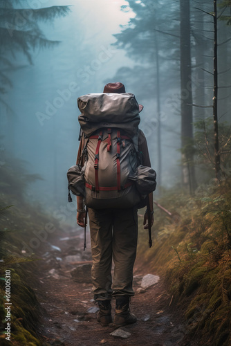 A person carrying a heavy backpack and hiking boots, with protective gear such as a hat and sunglasses. standing in a natural environment, such as a forest or on a mountain trail. made with ai