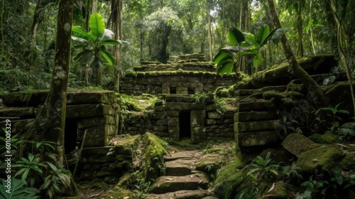 Ancient civilization ruins in the jungle. Generative ai composite. 