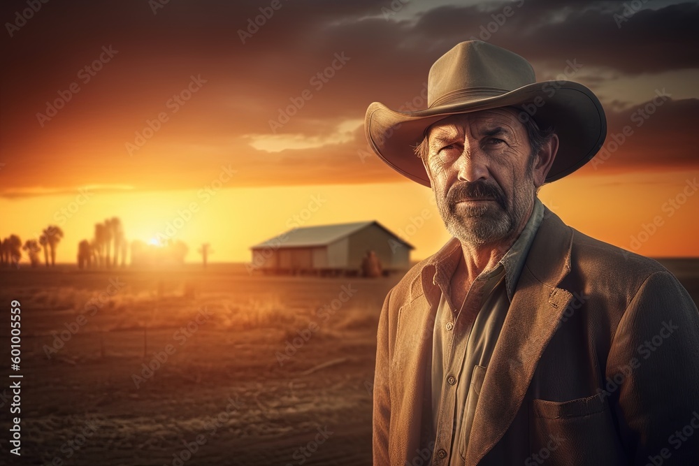  farmer staring out at the sunset photorealistic portraiture