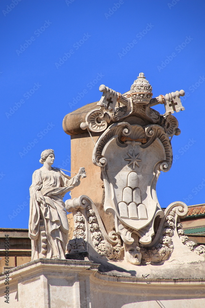 St. Peter's Basilica Colonnade Sculpted Detail with Statue and Coat of Arms in Rome, Italy