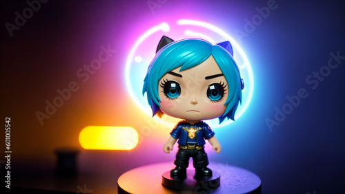 A toy boy with short blue hair and big eyes against the background of a new light. Generative AI.