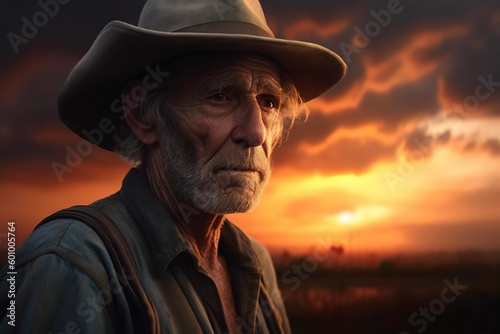 cowboy farmer staring out at the sunset photorealistic portraiture