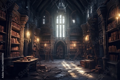 fantasy library in cozy cathedral environment. Generative AI 