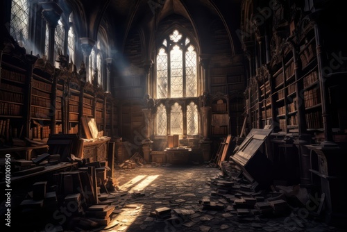 fantasy library in cozy cathedral environment. Generative AI 