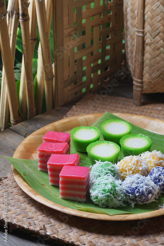 Malaysia's popular assorted sweet desserts Kuih Nona Manis, Kuih Lapis, and Kuih Buah Melaka