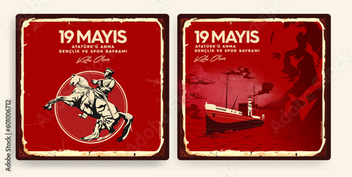 19 mayis Ataturk'u Anma, Genclik ve Spor Bayrami , 19 may Commemoration of Ataturk, Youth and Sports Day, Bandirma Vapuru Ship vintage vector illustration.