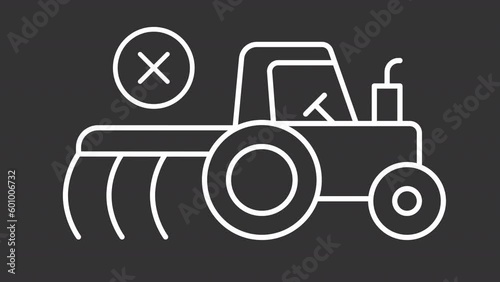 Animated no tillage farming icon. Moving tractor white line animation. Direct seeding. Loop HD video with chroma key, alpha channel, transparent background. Outline motion graphic animation