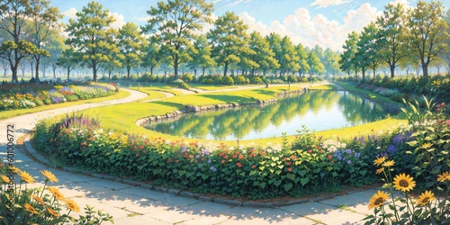 anime style background, landscape, park, lake, river, garden, backyard, architecture, blue sky, generative ai, generative, ai