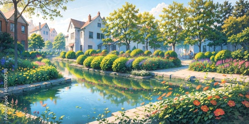 anime style background, landscape, park, lake, river,  garden, backyard, architecture, blue sky, generative ai, generative, ai © Rachel Yee Laam Lai