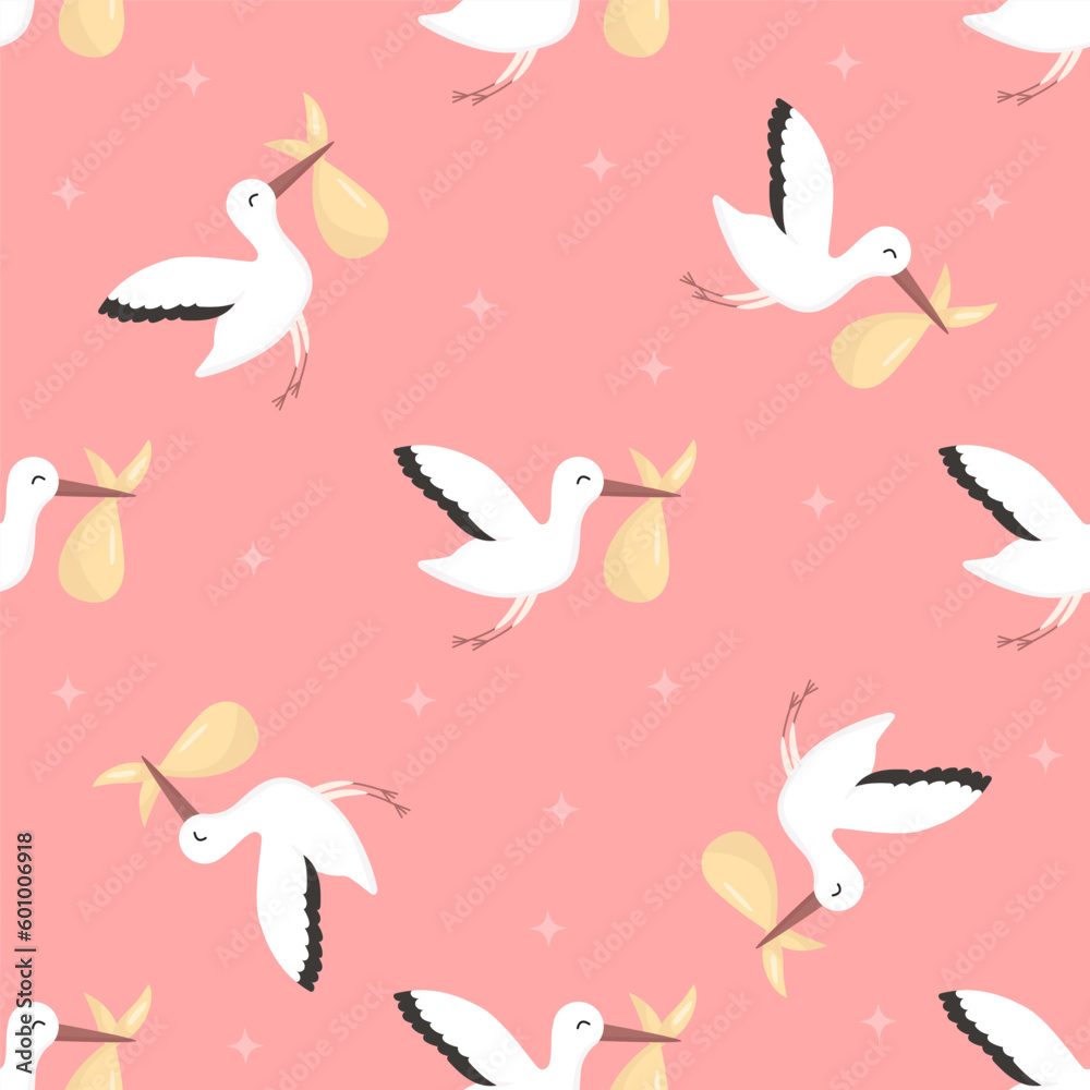 Vector seamless baby pattern, backdrop for wallpaper, print, textile, fabric, wrapping. Flying stork with baby on pink background. Baby shower, newborn concept