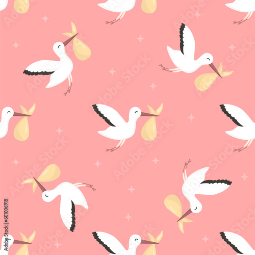 Vector seamless baby pattern, backdrop for wallpaper, print, textile, fabric, wrapping. Flying stork with baby on pink background. Baby shower, newborn concept