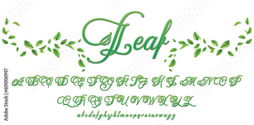 Green floral alphabet font uppercase letters with flowers leaves gold splatters