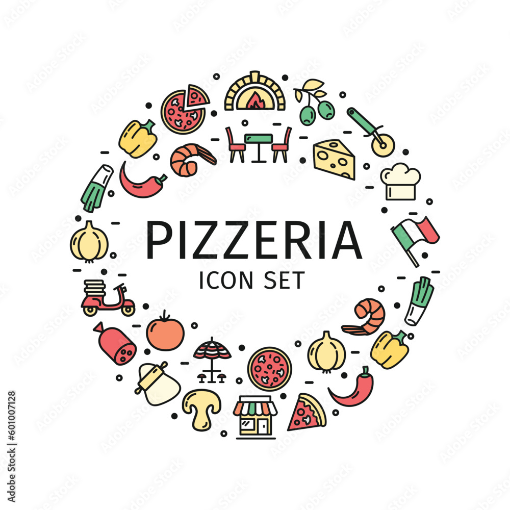 Italian Pizzeria Sign Round Design Template Color Thin Line Icon Banner for Restaurant. Vector illustration of Pizza House Italian Pizzeria Sign Round Design Template Color Thin Line Icon Banner for Restaurant. Vector illustration of Pizza House