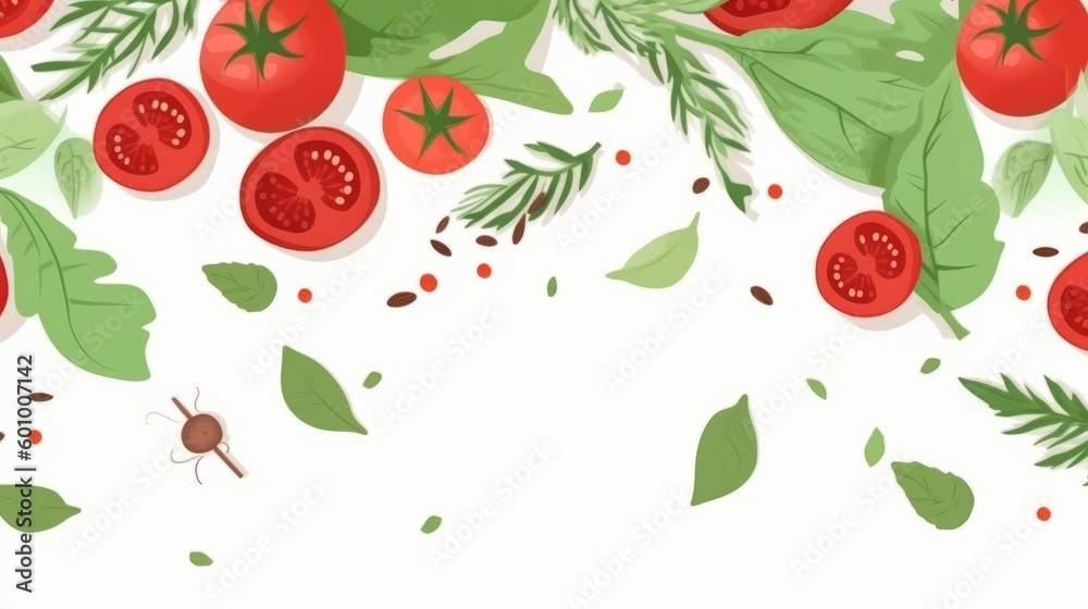 Spices arugula herbs and tomato on white background. AI generative. Spices arugula herbs and tomato on white background. AI generative.