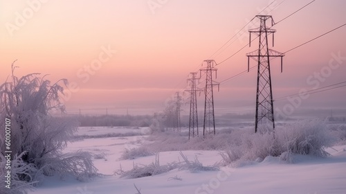 Snow covered landscape with power poles on a cold winter. AI generative.